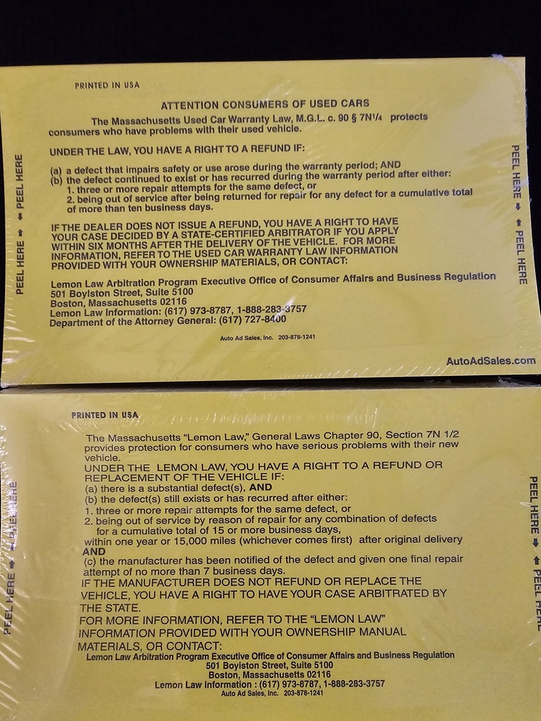 Massachusetts Lemon Law Decals