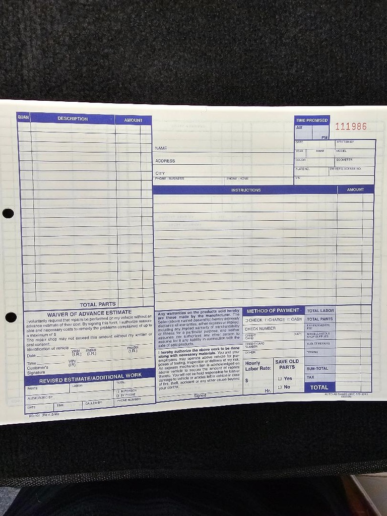 Garage Repair Orders 4 Part