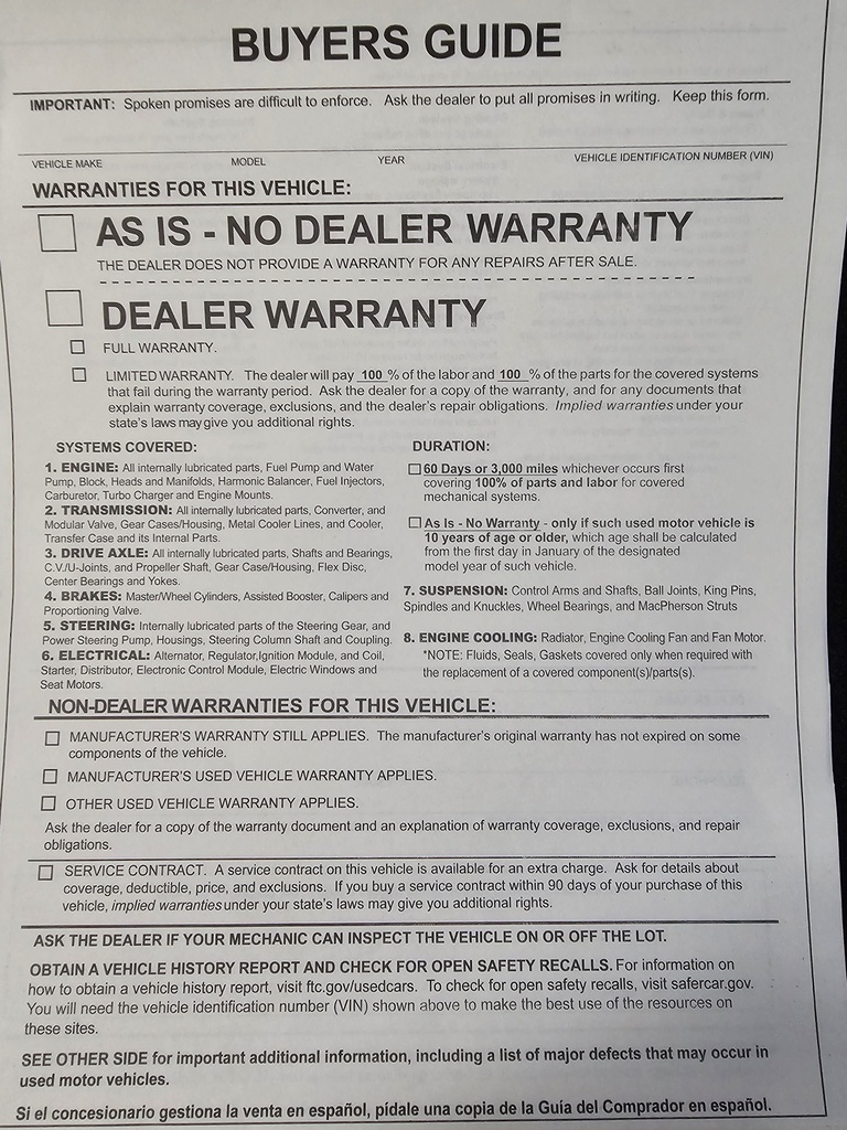  Buyers Guide Form F-BG-17-2 USED CAR