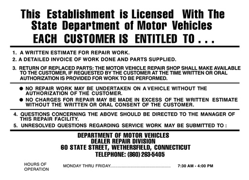 Connecticut Required Forms & Signs, For Repair/Body Shop Start Up Package