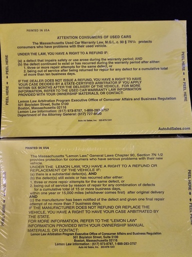Massachusetts Lemon Law Decals